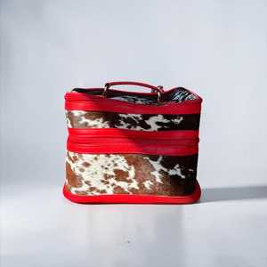 Western Genuine Leather Jewelry Case with Red Zipper and Cowhide Pattern Durable <b>Storage</b> for Travel and Daily Use - Product Image 4