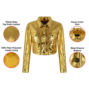 Women’s Metallic Genuine Soft Nappa Leather Cropped <b>Jacket</b> Gold <b>Silver</b> Slim Fit Button Front Denim Trucker Style Fashion <b>Jacket</b> - Product Image 2