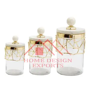 Glass Canister with Metal Abstract Design for Kitchen Use Wholesale Lowest Price Glass Sugar Tea Coffee Canister Set of 4