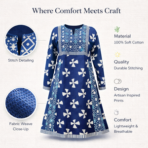 ชุดเดรสผ้าฝ้ายอินดิโก้ทำมือคุณภาพระดับบูติก คอวีเล็ก แขนยาว ลายตัดกัน ชุดเดรสยาวปานกลางสำหรับผู้หญิง - Product Image 4