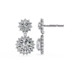 Boucles d'oreilles clous en or massif 18 carats avec diamants de laboratoire taille brillant rond, micro-pavé, double halo et accent cercle, bijoux fins pour femme - Product Image 3