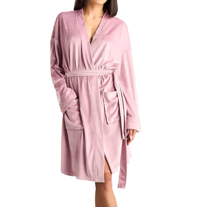 Bata de satén para mujer con cuello mandarín, manga tres cuartos, largo corto, color rosa liso, suave y cómoda, con cintura elástica y ribete de encaje - Product Image 1