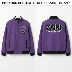 Veste softshell pour homme, 300 GSM, tissu polyester extensible résistant, panneaux contrastés violet et noir, logo brodé personnalisé, fermeture éclair intégrale - Product Image 1