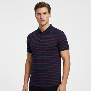 Polo de Punto a Rayas para Hombre, Manga Corta, Corte Regular Informal, Patrón Azul Marino y Rojo - Product Image 2