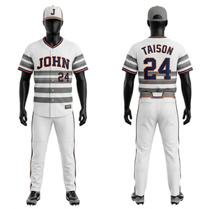 Mens <b>Baseball</b> Uniform 160 GSM Durable Polyester Fabric White Grey Stripe Panel Design Custom Tackle Twill Embroidery Logo - Product Image 1