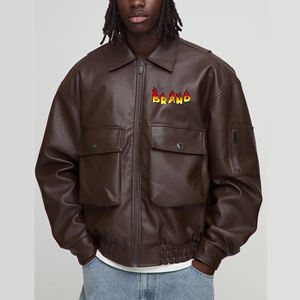 Wholesale <b>Men's</b> Brown PU Leather <b>Bomber</b> <b>Jacket</b> Turn-down Collar Zipper Closure Casual Autumn Wear Regular Fit Windproof Solid - Product Image 4