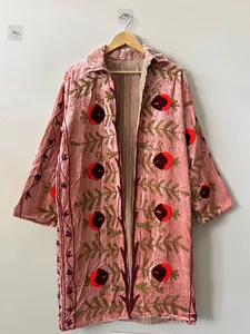 Chaqueta Larga de Terciopelo Rosa Estilo Boho para Mujer, Bordada con Diseño Floral, Estilo Prairie Chic, Manga Larga, Ropa de Abrigo para Invierno - Product Image 3