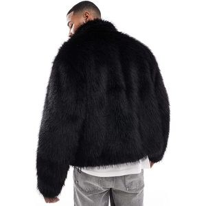 Manteau en fausse fourrure noire pour homme, col rabattu, manches régulières, couleur unie, coupe ample, parka épaisse - Product Image 2