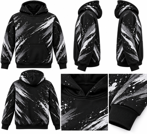 Black Hooded <b>Sweatshirt</b> With <b>White</b> Gray Brush Print Regular Fit <b>Men's</b> Casual Autumn Wear - Product Image 5