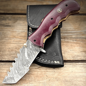 Couteau Tracker en Acier Damas Fait Main avec Manche en Micarta, Lame Fixe à Pointe Tombante Droite pour la Chasse, le Camping, le Bushcraft et la Survie - Product Image 1