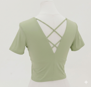Trendy Sage Green Criss <b>Cross</b> Back Yoga <b>Top</b> Slim Fit Padded Gym Crop <b>Top</b> Short Sleeve Sports Shirts Women Activewear - Product Image 3