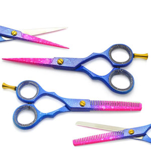 Premium Stainless Steel Blue and Pink Color Coated Barber Hair Cutting and <b>Thinning</b> Scissors Set with Silicon <b>Ring</b> Finger Rest - Product Image 1