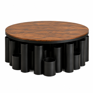 <b>Modern</b> Round <b>Coffee</b> <b>Table</b> Wood Top with <b>Black</b> Metal Tube Base for Living Room Home Office Lounge Interior Furniture Decor - Product Image 1