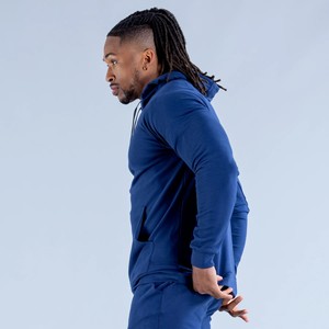 Sweat à capuche personnalisé avec logo, grande taille, vente en gros, pour hommes, en molleton extensible bleu uni, mélange de coton, pour la gym et l'entraînement - Product Image 4