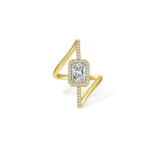 Anillo de compromiso geométrico de oro amarillo de 14K con halo de diamantes de corte radiante y piedras laterales redondas, joyería nupcial moderna, regalo de lujo. - Product Image 2