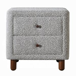Comodino Classico in Legno Grigio con Due Cassetti, Rivestimento in Bouclé, Arredamento Camera da Letto, 1 Pezzo con Gambe in Legno - Product Image 3