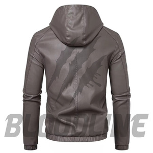 BLOODLINE Men's Black PU Leather Hooded <b>Jacket</b> <b>Slim</b> <b>Fit</b> Moto Biker Style Zipper Closure Autumn Wear - Product Image 5