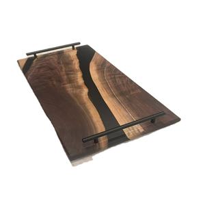 <b>Black</b> Epoxy Resin Walnut Wood Serving <b>Tray</b> With Dark Metal Handles Luxury Charcuterie Board Kitchen Food Platter Decor Wholesale - Product Image 1