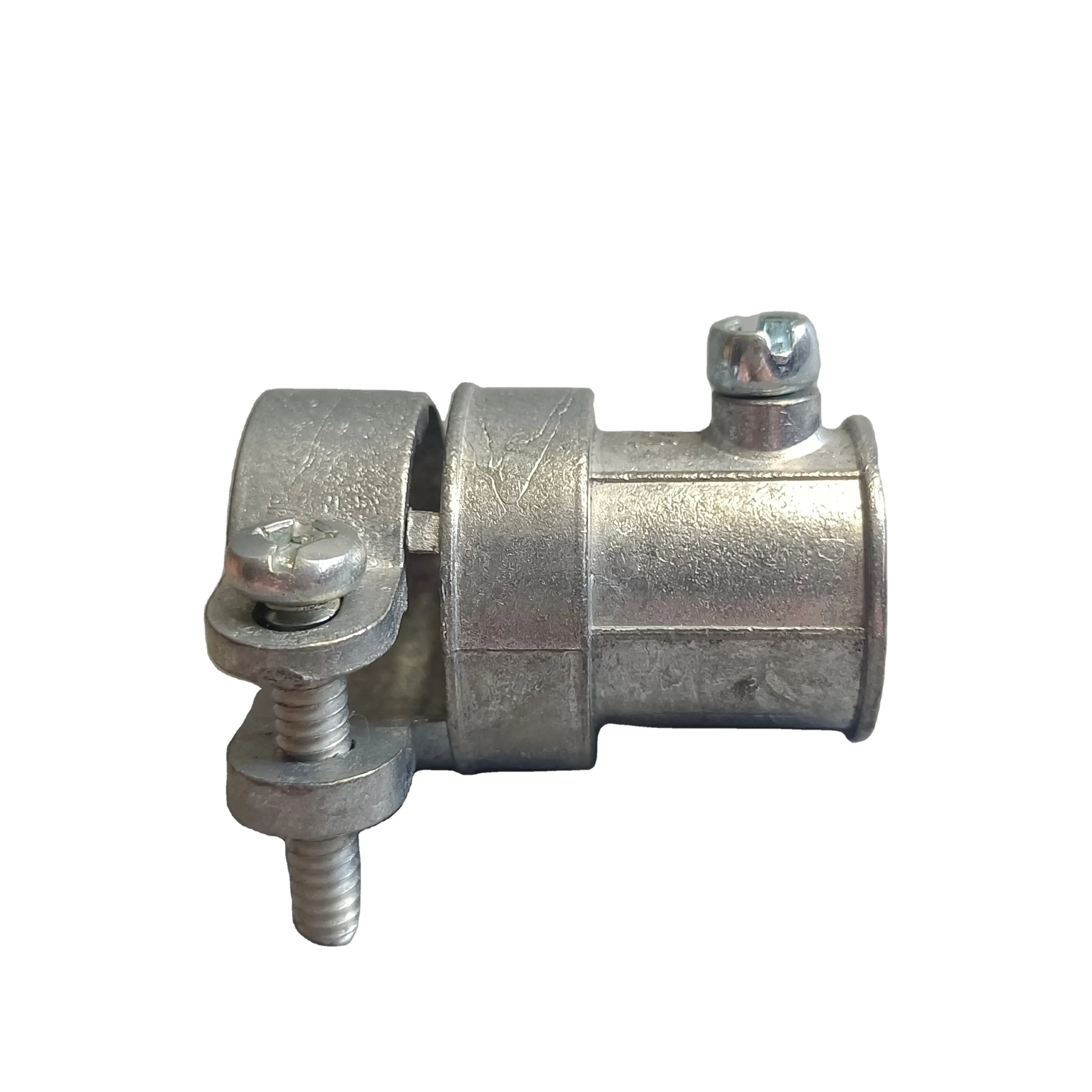 1/2" Silver EMT to FMC Transition Coupling; Squeeze Compression EMT to Flex Set Screw Coupling Electrical Conduit Fittings