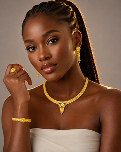 Dernière collection : Ensemble de bijoux de mariage africain nigérian classique plaqué or 24 carats pour femmes (collier, boucles d'oreilles, bague, bracelet) - Product Image 3