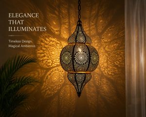 Lanterne suspendue en fer marocain vintage dorée |   Lustre suspendu artisanal écologique pour la décoration de la maison |   Antique - Product Image 5