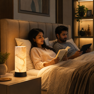 Modern Off-White Leaf Printed LED Table Lamp Linen Shade | <b>Decorative</b> Bedside Night Lamp | Warm Ambient <b>Light</b> for Living Room - Product Image 5