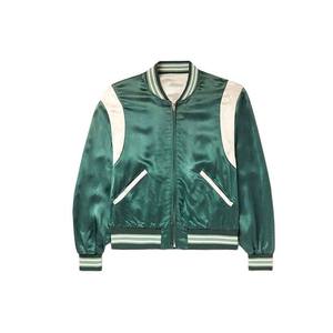 Veste universitaire en satin noir pour homme, manches raglan rayées rouge et blanc, col montant, simple boutonnage, coupe-vent - Product Image 4