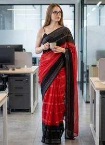 KV Embellished, Ombre, Dyed Bollywood Georgette <b>Saree</b> (Black, <b>Red</b>) - Product Image 1