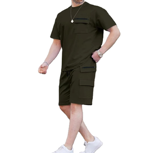 <b>Men's</b> Lime Green Casual Short Sleeve T-Shirt With Shorts Set Breathable Solid Color Crew Neck Drawstring Waist Summer Wear - Product Image 2