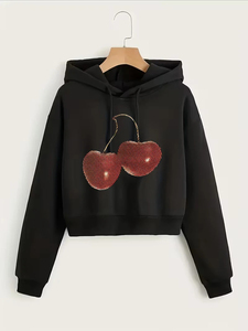 Sudadera con capucha de mujer color lavanda con estampado de cerezas con lentejuelas, estilo casual corto, logo frontal, estilo primavera, manga larga, tejida - Product Image 4