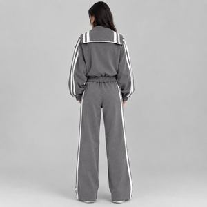 Crescent Wear Trending Womens Grey <b>Track</b> <b>Jacket</b> White Stripes Pant Oversized Fit 100% Cotton Winter High Street Fashion - Product Image 1