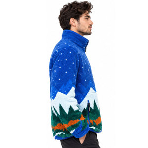 <b>Men's</b> Blue Fleece <b>Jacket</b> With Mountain Print Zipper Stand Collar Thick Winter Wear Casual Style <b>Sherpa</b> Lining - Product Image 3