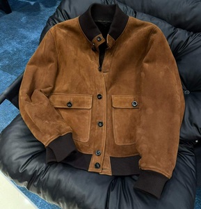 Blouson aviateur en cuir véritable marron A1 pour homme, doublé en polaire, séchage rapide, col montant, décontracté pour l'hiver - Product Image 3