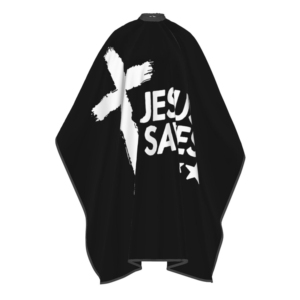 Capa de Peluquería Jesus Saves Negra con Diseño de Cruz Blanca y Texto, Característica Antiadherente al Cabello - Product Image 1