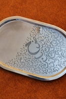 Plateau de service ovale de luxe en acier inoxydable avec gravure de calligraphie arabe, plateau décoratif argenté pour cadeau de l'Aïd, du Ramadan ou du buffet