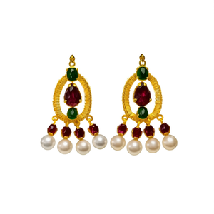 Bridal Temple Jhumkas-Yellow Gold Drop Earrings with Pearl Emerald & Ruby - Product Image 3