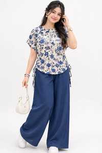 OneTen Apparel <b>Women</b> Summer Floral Print Color Blocking <b>Polo</b> Collar Short Sleeve <b>Top</b> Wide Leg Pants Set Elastic Waist 2-in-1 - Product Image 1