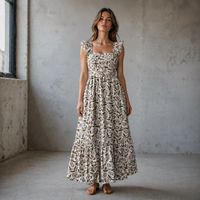 Robe longue bohème imprimée à la main 100 % coton pour femme, sans manches, à volants floraux, respirante, taille empire, ourlet à volants, automne-été