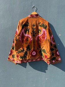 Handcrafted Mustard Velvet Suzani Embroidered <b>Jacket</b> with Traditional Floral Motifs and Striped Lining Coat At Factory Price - Product Image 2
