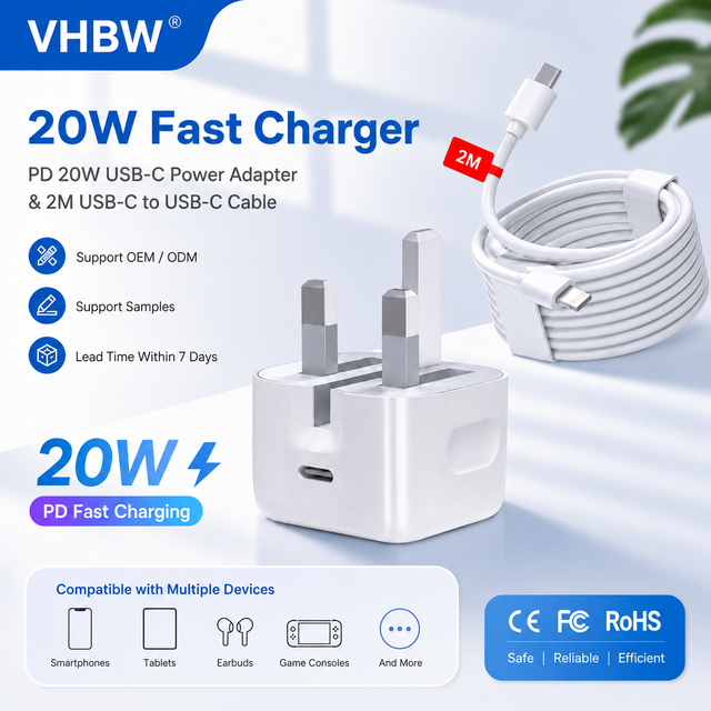 UK Type G Plug PD USB-C 20W Fast Charger with 2 Meter Cable for Mobile Phone