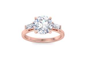 Anillo de compromiso con diamante cultivado en laboratorio de corte redondo, tres piedras con laterales en forma de baguette, anillo de boda de oro para mujer - Product Image 3
