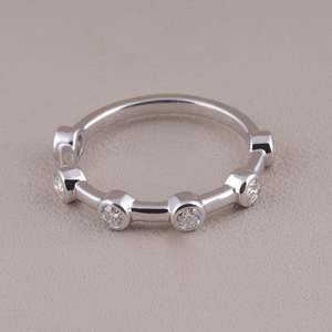 Prong-Set <b>Silver</b> Moissanite Station <b>Ring</b> with Rhodium Plated Bar Link <b>Band</b> Women Engagement Luxury Fine Jewelry - Product Image 2