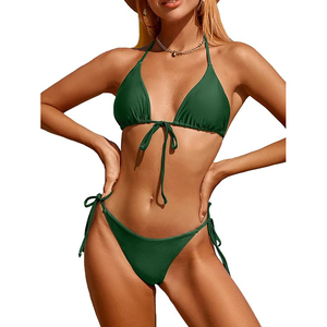 Women Green Halter <b>Bikini</b> <b>Set</b> Solid Color Tie Side Bottom Stretch Swimwear Two Piece Beachwear - Product Image 1