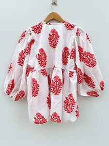 Vestido Casual de Verano de Algodón Blanco Premium con Estampado Floral a Mano, Manga Abullonada, Corte Holgado y Detalle de Lazo en el Cuello - Product Image 5