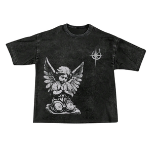 <b>Mens</b> <b>Black</b> Washed Graphic T <b>Shirt</b> <b>Short</b> <b>Sleeve</b> Crew Neck Angel Print Casual Streetwear Tee Wholesale Vintage Style 100% Cotton - Product Image 1