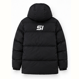 Chaqueta de Invierno Acolchada para Hombre con Capucha, Diseño Geométrico en Blanco y Negro, Resistente al Viento, Cuello Alto, Cierre de Cremallera, Estilo Deportivo - Product Image 2