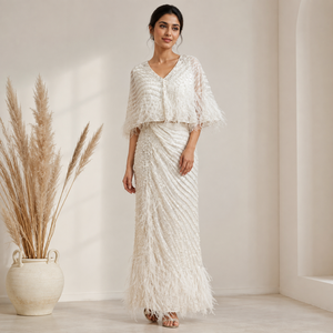 Luxury White Feather <b>Sequin</b> Embellished Evening Dress for Women Elegant V Neck Beaded Draped Maxi Gown for Wedding Party Formal - Product Image 2
