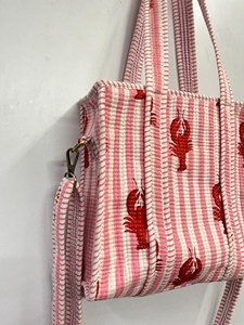 <b>Long</b> Strep Pink Striped Cotton Mini Tote <b>Bag</b> with Red Lobster Print & Dual Straps - Product Image 2