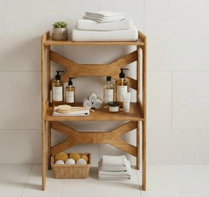 Étagère de salle de bain en bois à 3 niveaux, design minimaliste, unité de rangement avec barre porte-serviettes, organisateur gain de place pour les essentiels de bain - Product Image 1