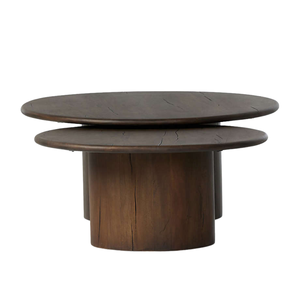 Luxury Solid Teak <b>Nesting</b> Round <b>Coffee</b> <b>Table</b> <b>Set</b> Durable Pedestal Base Rustic Natural Grain and Space Saving Design - Product Image 2